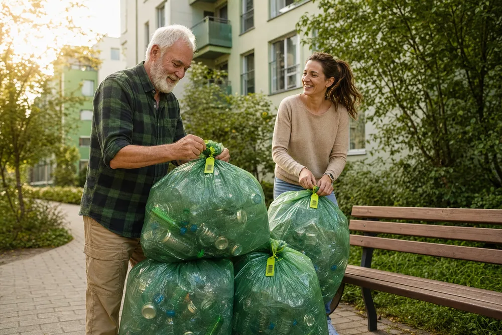 Sąsiedzi wystawiają pełny worek Recyclo GO z plombą przed domem
