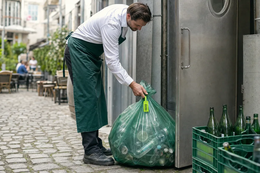 Worki Recyclo GO z plombami na zapleczu restauracji