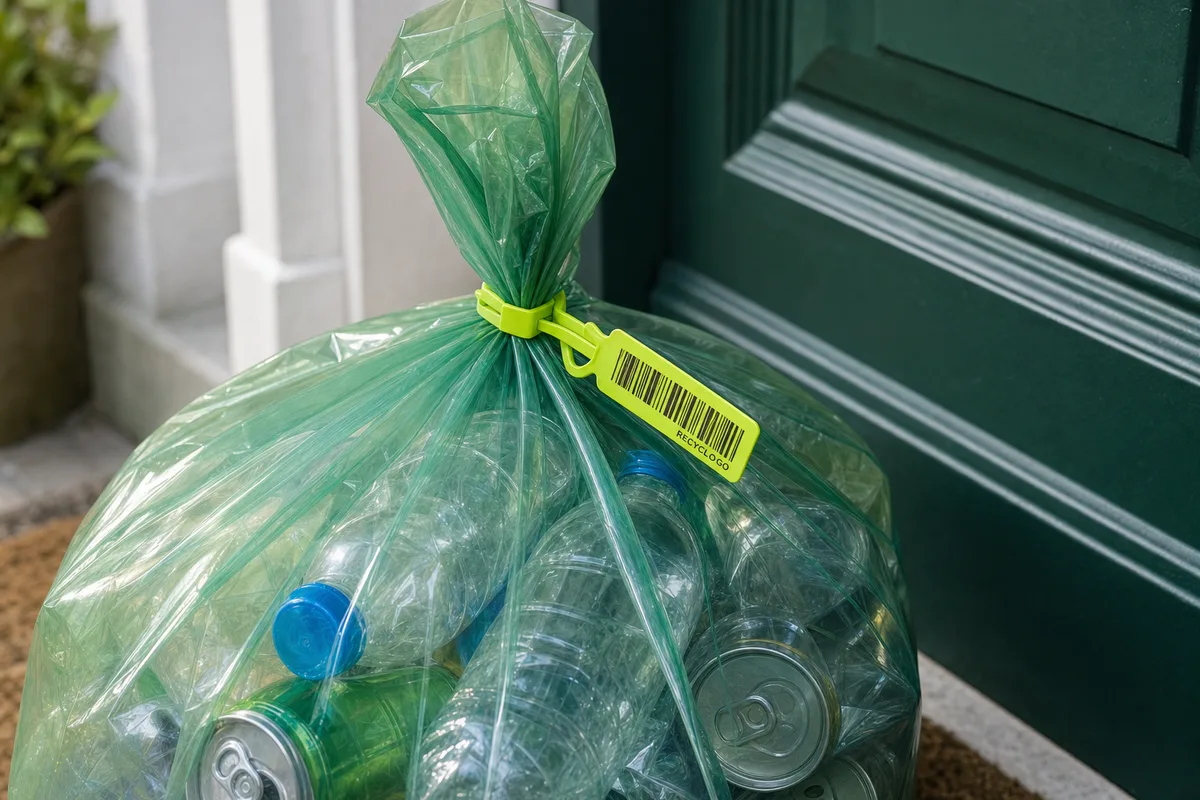 Zbliżenie plomby z kodem kreskowym na worku Recyclo GO